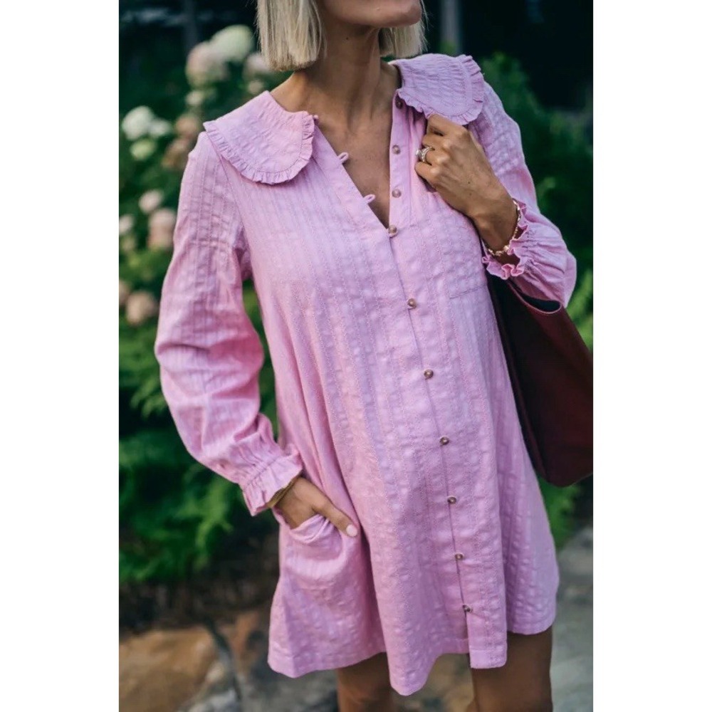Pilcro Keira Shirt Dress 1X Pink Cotton Peter Pan Collar Long Sleeve Cottagecore